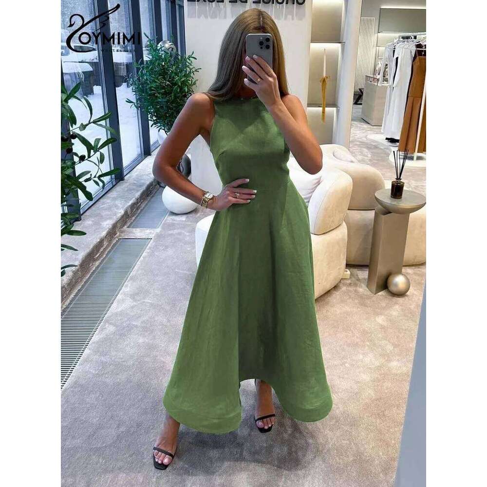 Oymimi Elegant Green Cotton Women's Dress Fashion O-Neck Sleeveless Casual New High Waist A-Line Mid-Calf Dresses Female C260312