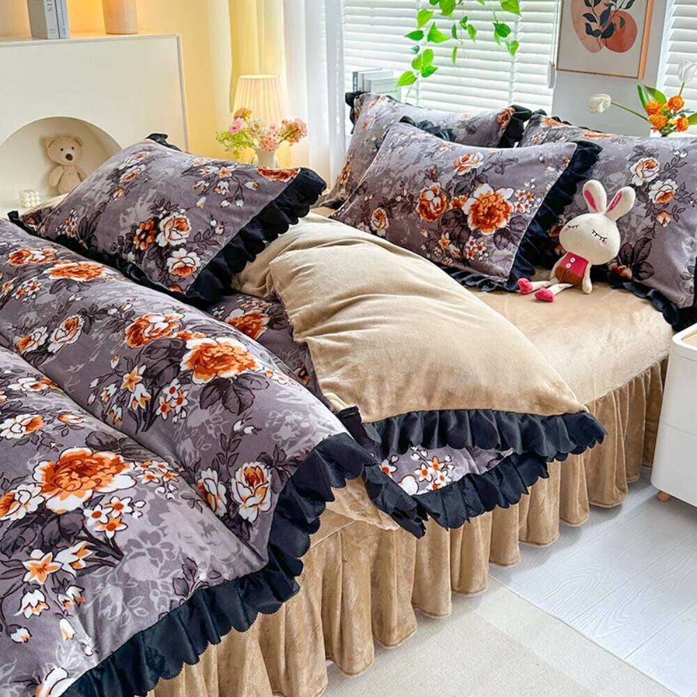 Thickened Double-Sided Milk Bedding Winter Warm Printed Carved Velvet Four-Piece Set Quilt Cover Pillowcase Bed Skirt H260312 - view 4