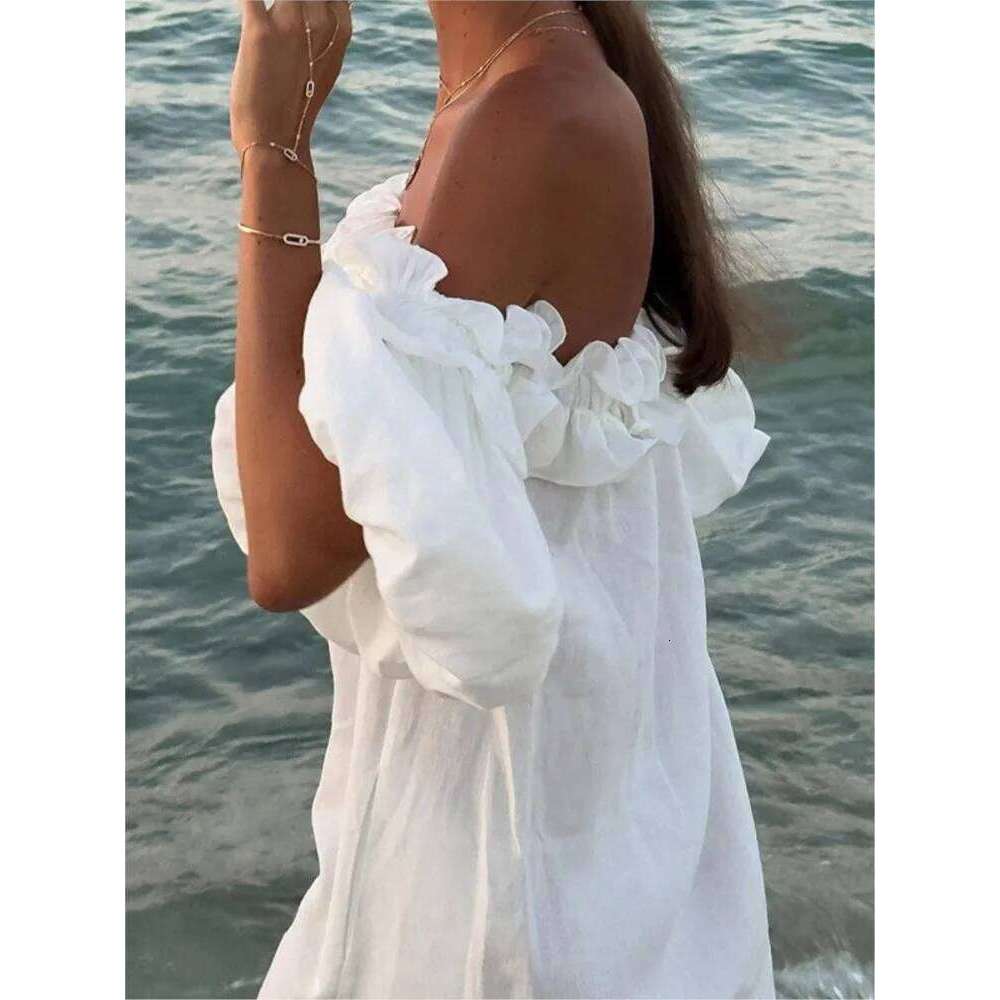 Sexy Slash Neck White Women Dress Fashion Elegant Beach Party Holiday Casual Dresses New Female Ruffles Lantern Sleeve Vestidos C260311