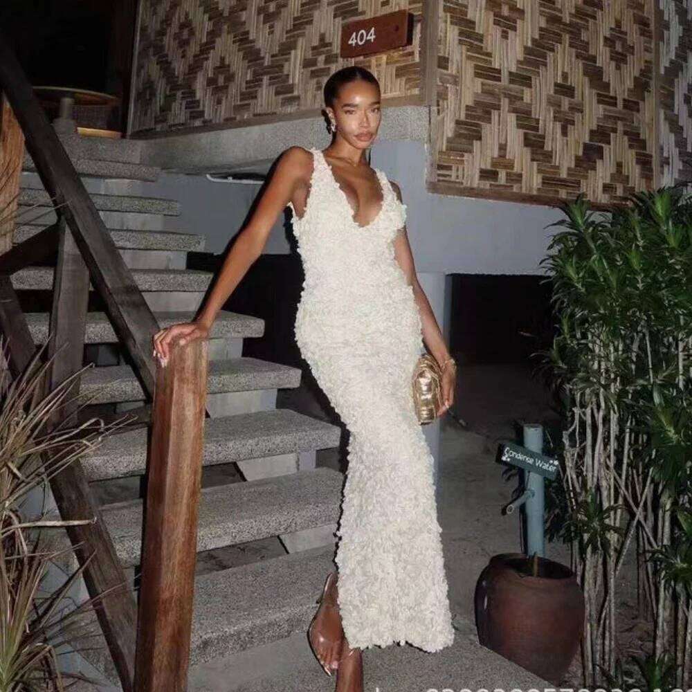 Mingmingxi Elegant Flower Applique Party Dresses 2024 New Arrivals V Neck Bodycon Mesh Sexy Long Maxi Dress Women C260312