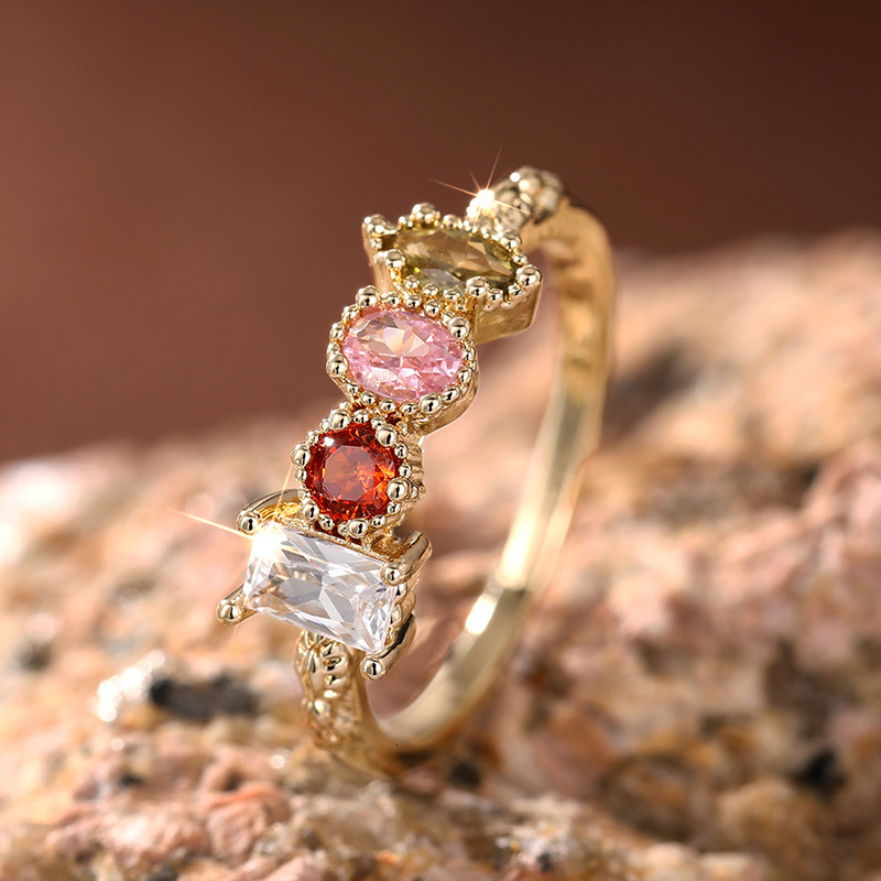 Ring Geometric Light Luxury Style Ring Simple Colorful Zircon Ring Fashion Elegant Jewelry Ring