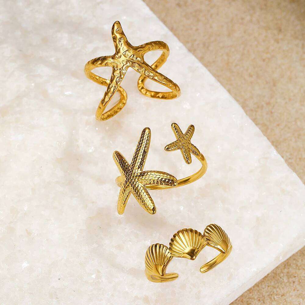 DGIDDK Stainless Steel Ring Set of 4 Resort Style Starfish Shell Women's Rings Summer Sunshine Beach Party Jewelry Gifts H260312