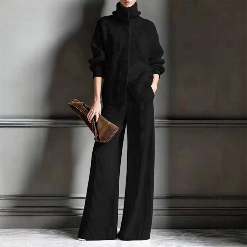 New Autumn Winter Thickened Independent Stand European American Fashion Women S Casual Woolen High Neck Wide Leg Suit