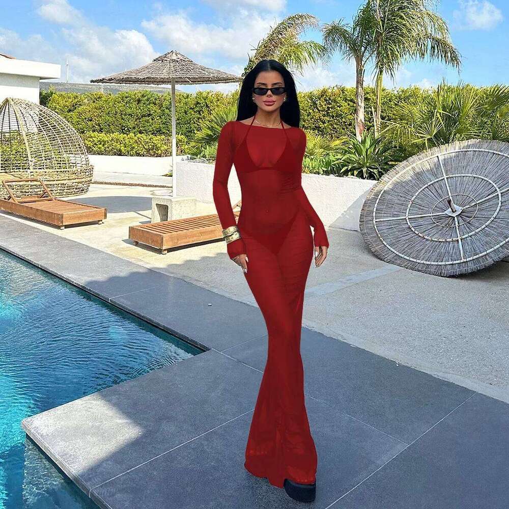 Women's Sexy Floor-Length Solid See Through Long Sleeve Maxi Dresses 2025 Fashion Beach Swimsuit Cover C260312