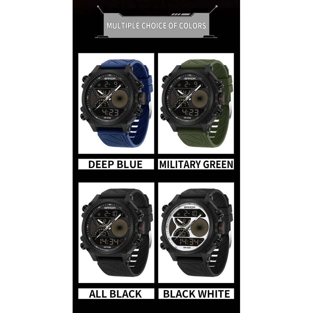 SANDA 6236 New Electronic Watch Sport Fashion Large Dial Dual Screen Multi functional Waterproof LED Night Light Men Watche