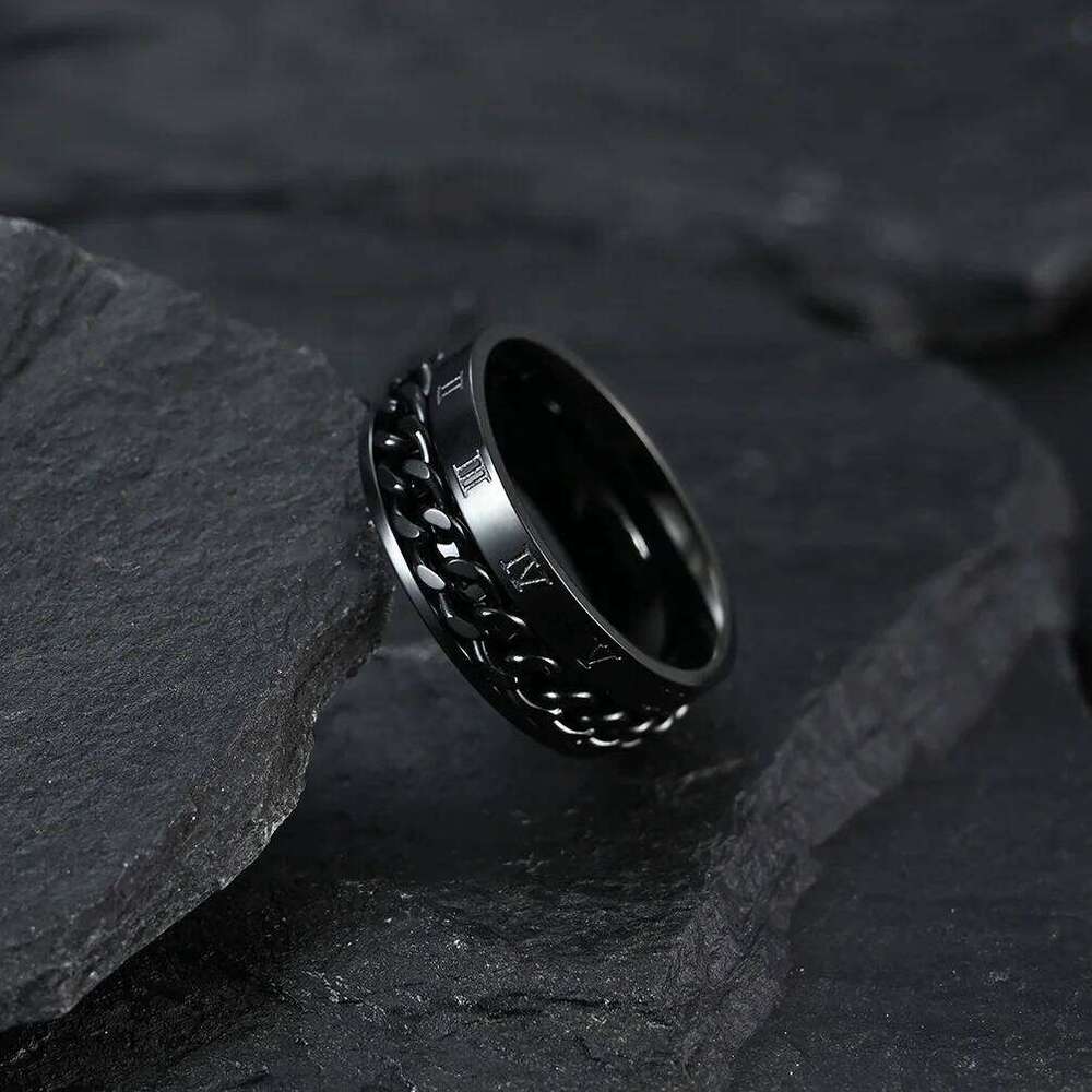 Roman Numerals Stainless Steel Chain Rotating Anxiety Black Rings For Men Fidget Metal Spinner Knuckle Ring Anillos De Hombre H260312