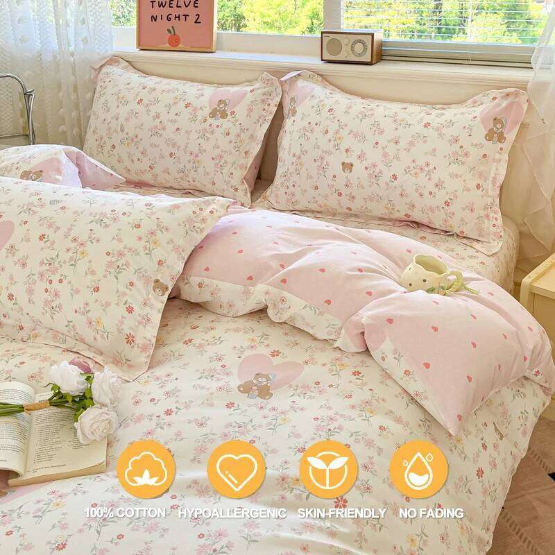 Bedding 100% Cotton Set 3pcs Twin/Full Cartoon Print | Hypoallergenic, 1 Duvet Cover 2 Pillowcases, No Shrink H260312