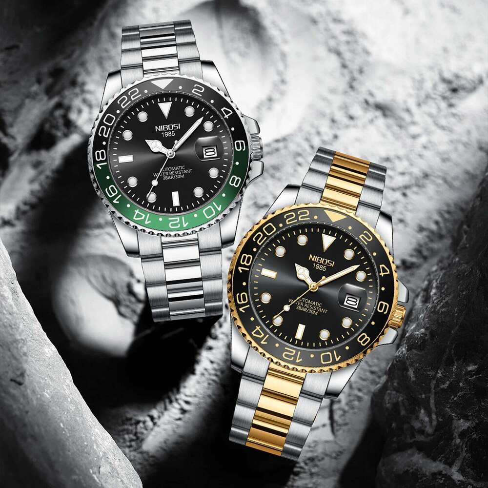 NIBOSI Limited GMT Watches Men's Top Brand Luxury Auto Date Quartz Men Stainless Steel Waterproof Luminous Business Watch