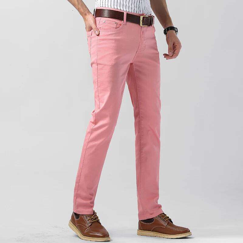 Men's Colorful Stretch Jeans New Elastic Yellow Pink Red Slim Male Clothing Simple Business Denim Trousers 26Y0312