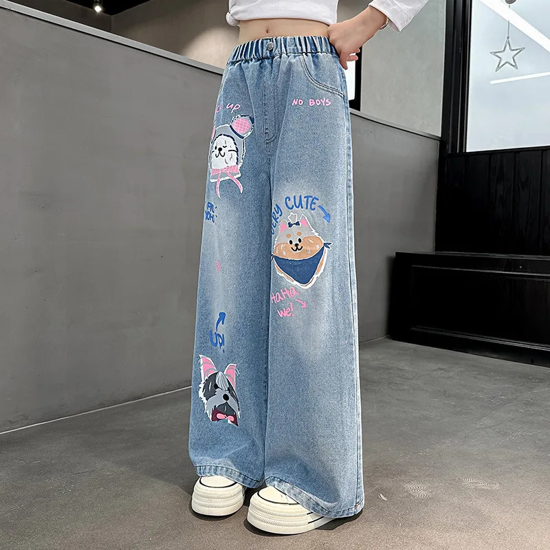 2026 Cartoon Fashion Pattern Jeans for Girl Loose Straight Denim Pants Lovely Print Kids Spring Autumn Korea Style Long Trousers 260311