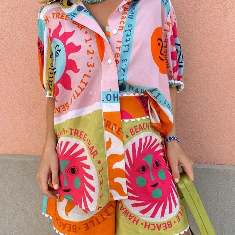 Boho Women Summer Shorts Outfits Daily Beach Sun Print Short Sleeve Button Shirts Tops Elastic Waist Shorts 2 Pieces Lounge Sets 260306