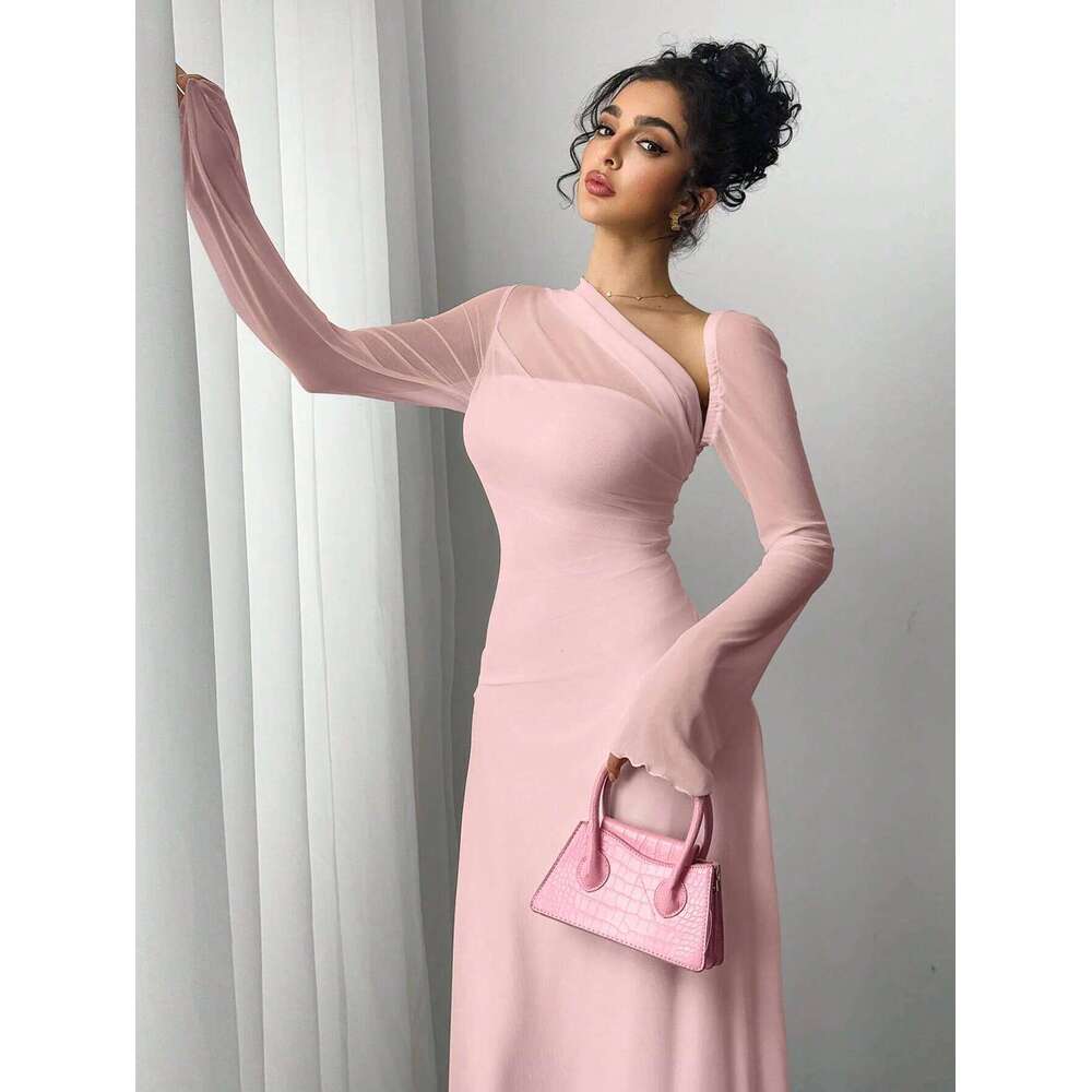 New spring/summer women's pink tulle explosion slim irregular diagonal shoulder ultra long dress C260312
