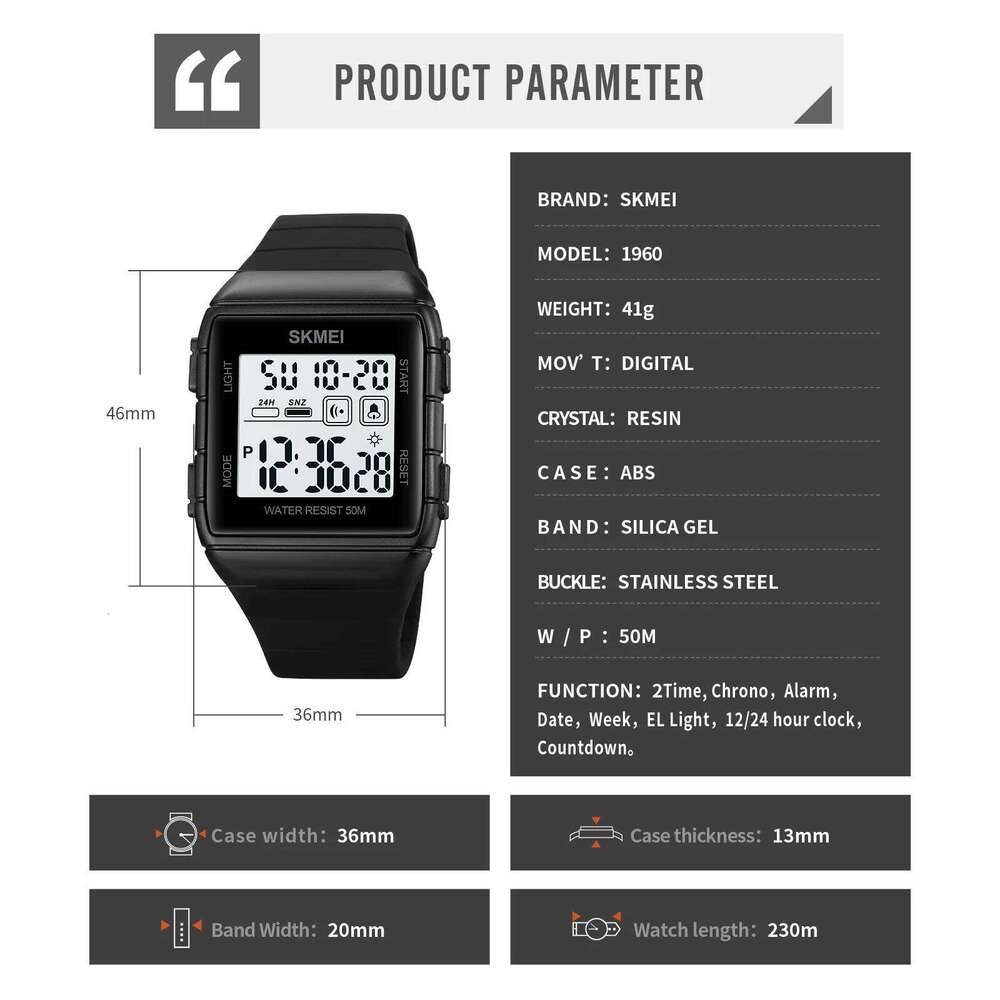 SKMEI 1960 Luxury Sports Digital Watch for Men Military Calendar Countdown Waterproof Wristwatches Mens Alarm Clock Reloj Hombre