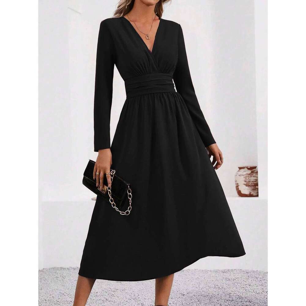 Elegant Solid Color Knit for Women 2025 Fall Winter Overlap V-Neck Sleeve with Waist Shirring Bodycon Long Maxi Dress C260311