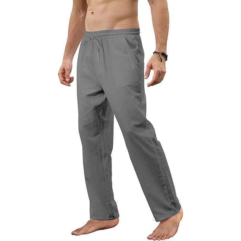 Men's Cotton Linen Loose Breathable Casual Solid Color Long Pants Large Size Streetwear Fitness Lightweight Yoga Trousers