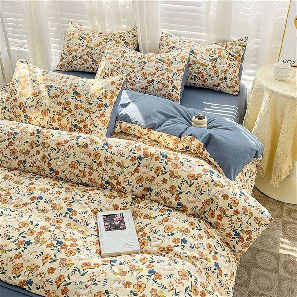 Four-piece Bedding Set Simple Duvet Cover Plant Flower Bed Sheet Adults and Kids Washed Cotton Pillowcase Home Textiles H260312