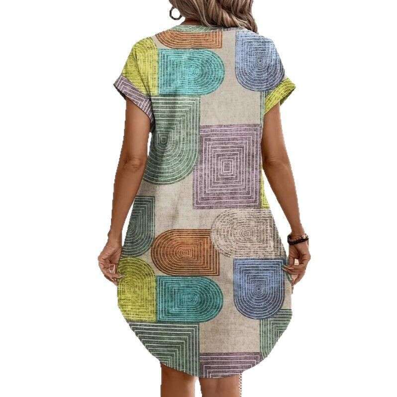 2025 European and American Amazon Summer Geometric Print Elegant V-Neck Buttoned Women's Short Sleeve Dress