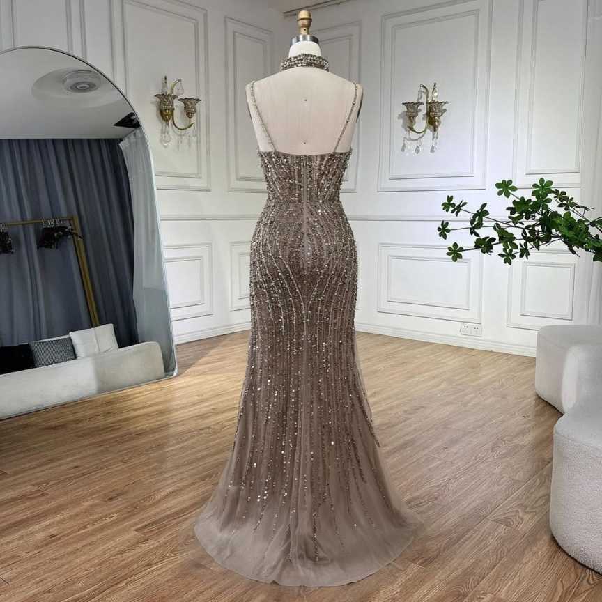 Silver Nude Mermaid Spaghetti with split Strap Beaded Evening Dresses Prom Gowns For Party Customized