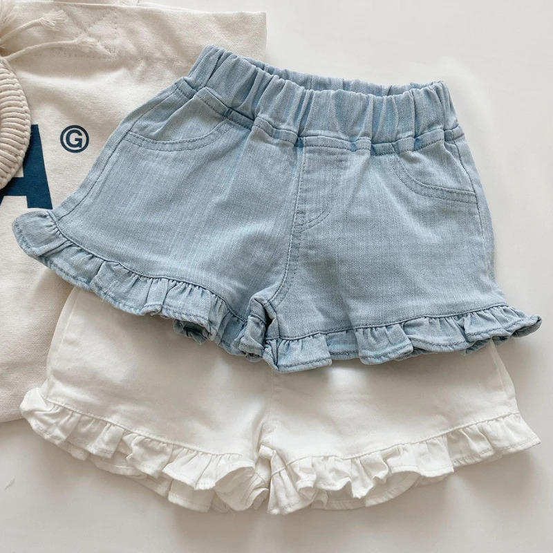 Kids Shorts Fashion Girls Summer Denim Ruffle blue Jeans 27Y Childrens Casual Daily Wear Pants 260311