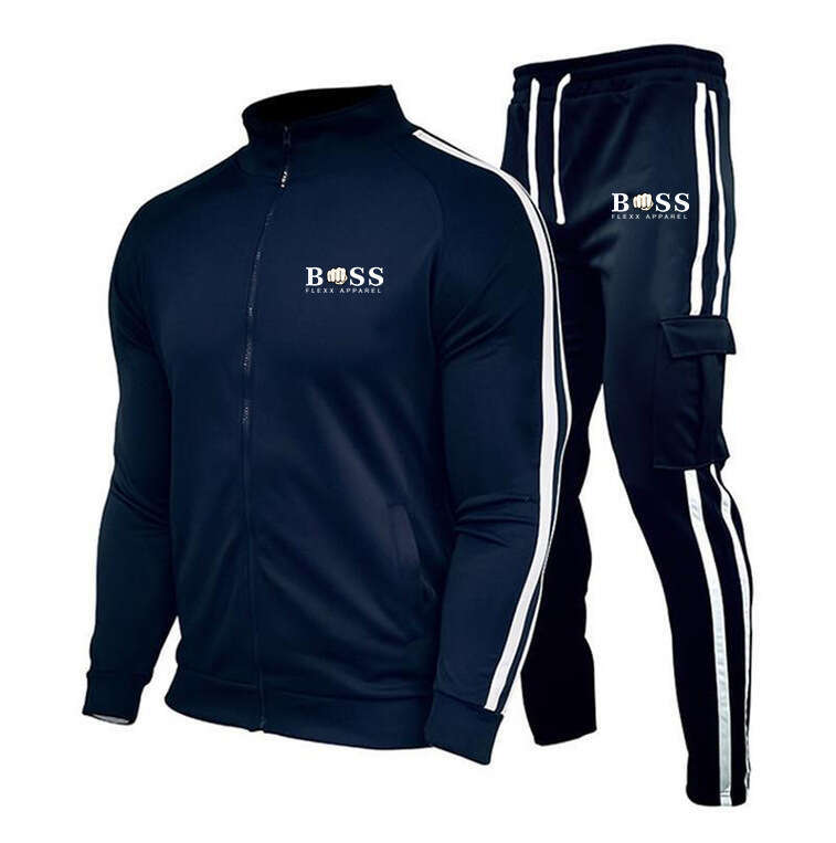 New Men's Cardigan Stand-up Collar Sports Suit, ports and casual zipper splicing pants two-piece set, Casual Slim-fit Running Sports Set