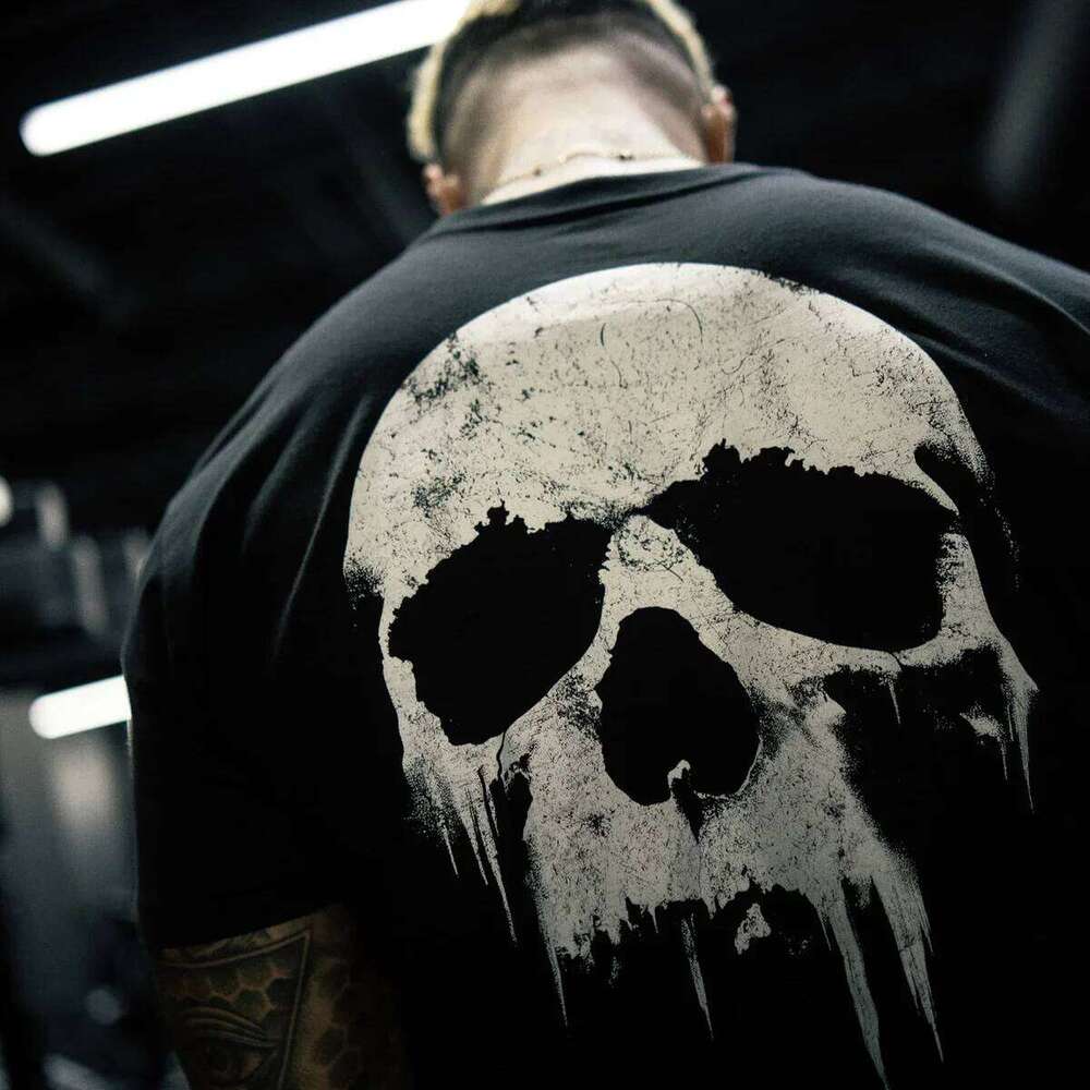 American Fitness Gym Men T Shirts Training Clothes Sports Cotton Short Sleeve T-Shirt Men's Skull Loose Trendy Fashion Print Tee