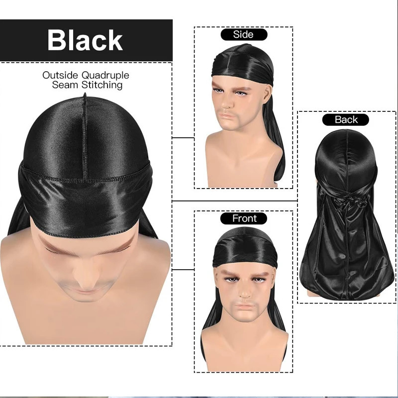 1-4Pcs silk Durag Bandana Turban Hat Men Breathable Long Tail Doo Rag for men Durags Pirate Hat Headband 260304