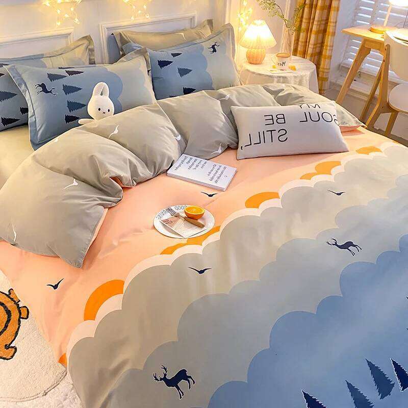 household Minimalist style bedding quilt set, single bed sheet brushed, washed cotton four piece set H260312