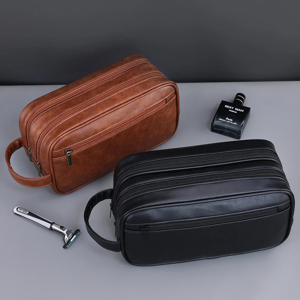 Double-Layer Toiletry Bag for Men PU Leather Travel Wash Organizer Dopp Kit Water-resistant Shaving Cosmetic Bag Strorage 260304