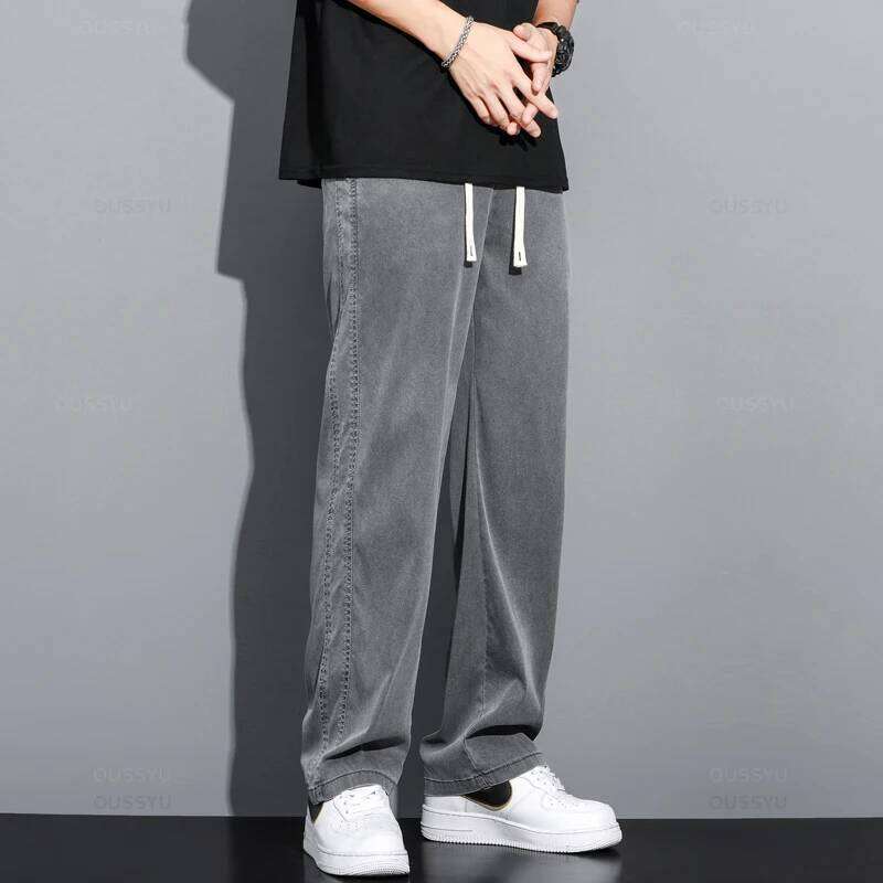 Summer Soft Lyocell Fabric Men's Jeans Thin Loose Straight Pants Drawstring Elastic Waist Korea Casual Trousers Plus Size M-5XL 26Y0312