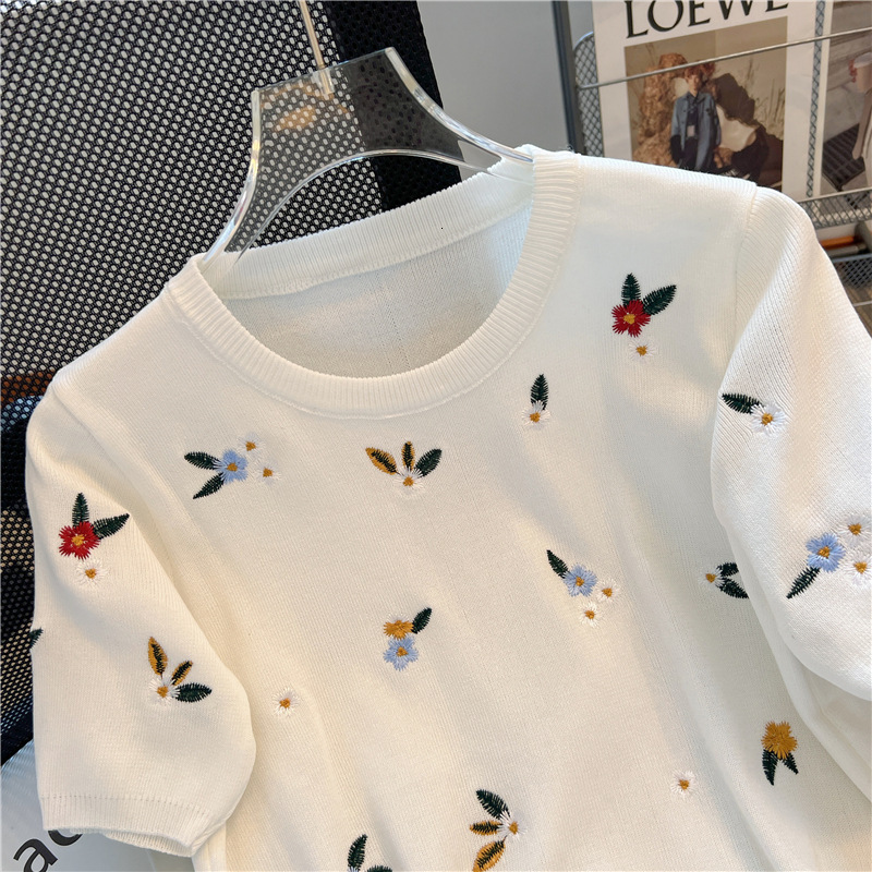 Plus Size Summer Dress Women Loose Round Designer Shirt Neck Youthful Polo Shirt Embroidery Stylish Short Sleeve Ice Silk Knitted Designer Hoodie T-sh
