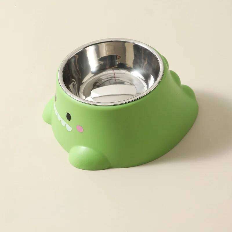 Cartoon Dinosaur 15 Tilted Pet Bowl: Elevated Stainless Steel Dish with Neck Support - Fun Cute Feeder for Cats & Puppy 26Y0312