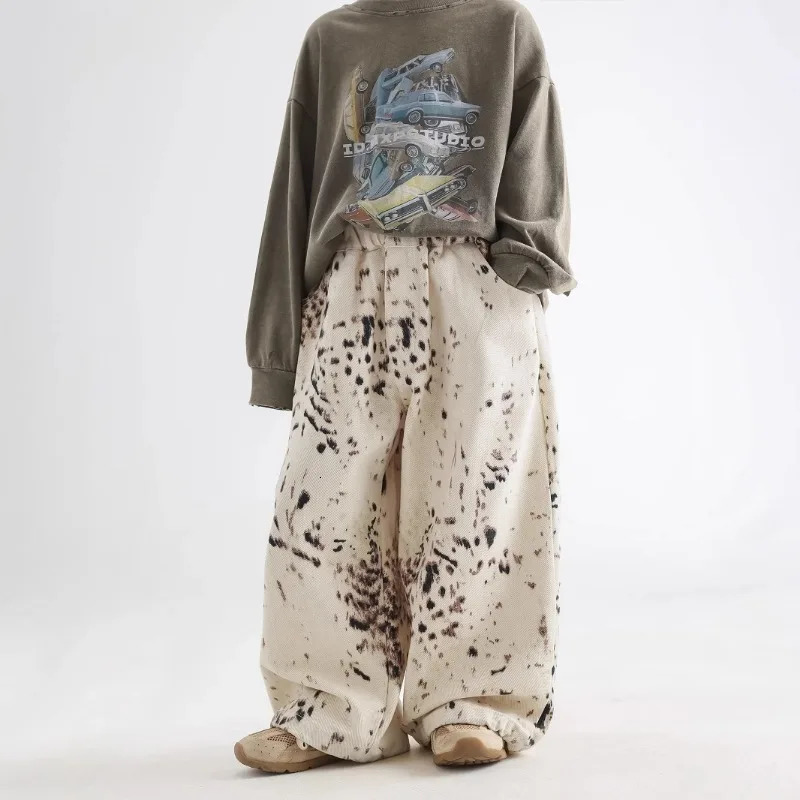 Korean Style 28Y Boys Jeans Spring Autumn Kids Apricot Leopard Print Casual Wide Leg Pants Children Versatile Trousers A05038 260311