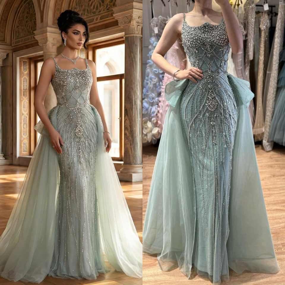 Charming Mermaid Prom Dress Spaghetti Strap Crystal Beaded Evening Dresses Luxury Detachable Sweep Train Party Gowns Customized