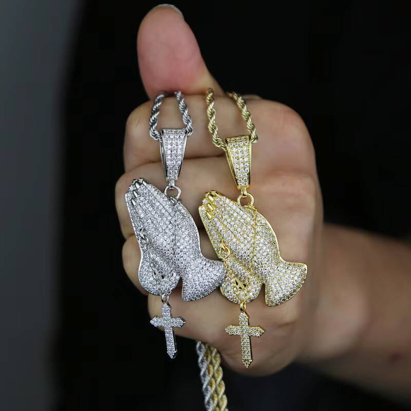 High Quality Micro Paved moissaniteVVSiaHip Hop Praying Hand Pendant with Dangle Cross Gold Plated Mens Necklace