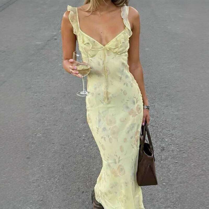 Summer Flower Printed Women's Sexy Low-cut Dress Sleeveless Backless Slim Sling Dresses 2025 Beach Vacation Lady Vestidos C260312