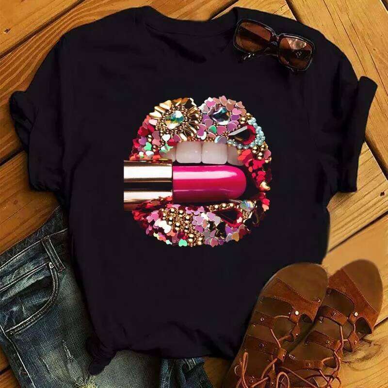 Sexy Colorful Diamonds Lip Print T Short Sleeve O Neck Loose Women Tshirt Ladies Tee Shirt Tops Camisetas Mujer Z260312