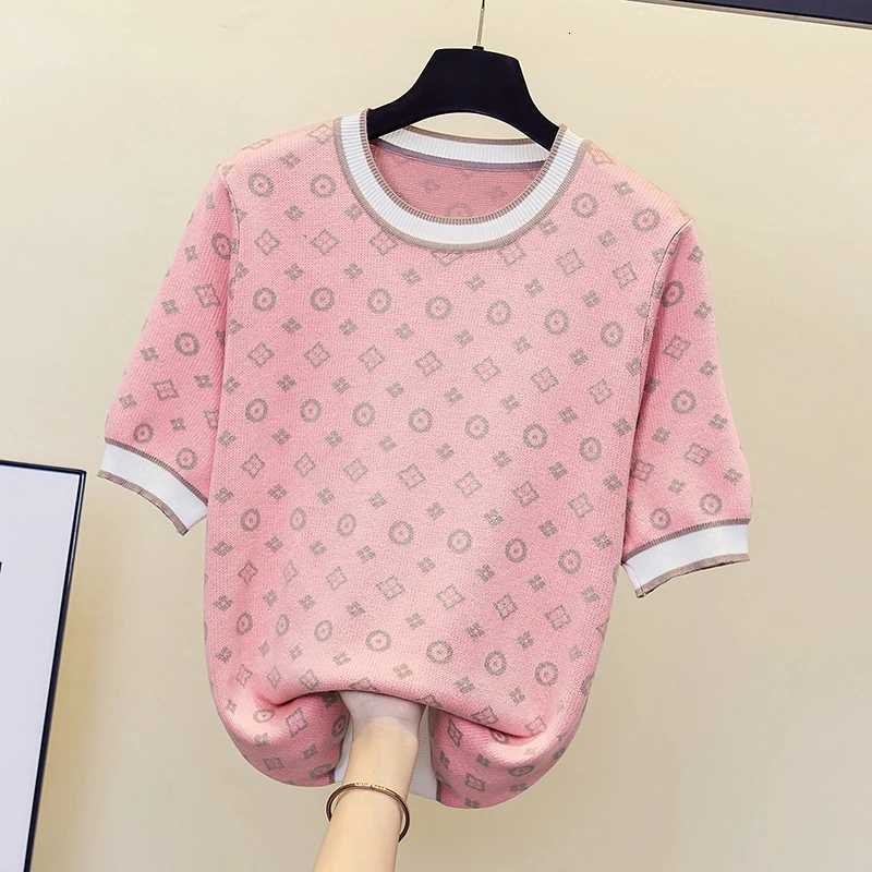 Summer Rhinestones Jacquard Knit Sweater Tees Women Pullover Tops Short Sleeve O Neck Fashion Ladies Chic Female KnitwearT260312