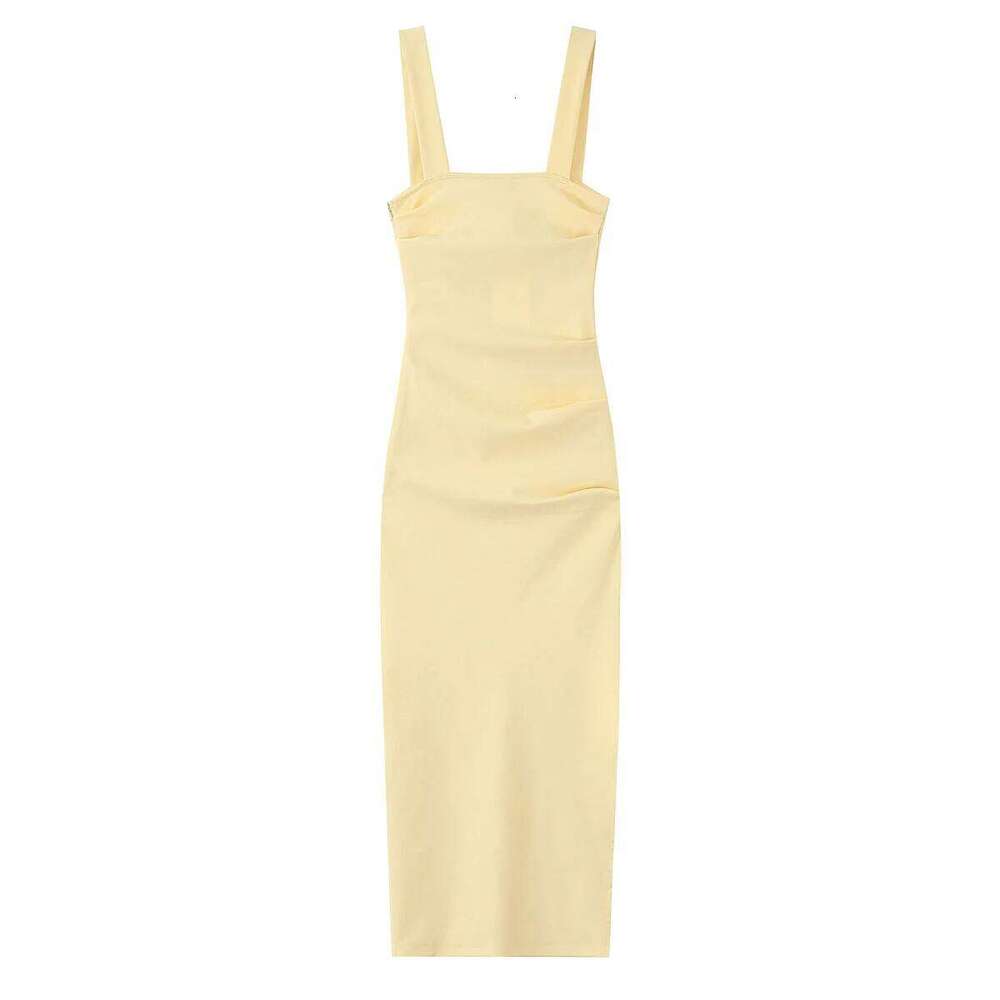 2025 Summer New Arrivals Women's Wear Plain Casual Chic Square Neck Sleeveless Suspender Pleated Midi Dress C260312