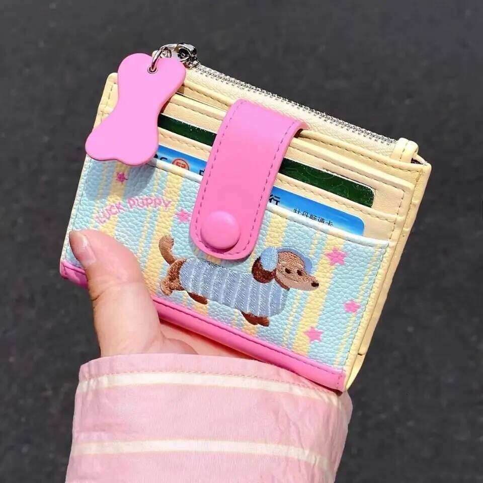 Casual Korean Style Embroidery Sausage Dog Wallet Purse Cartoon Coin Pouch Ultra Thin PU Leather Card Holder Outdoor