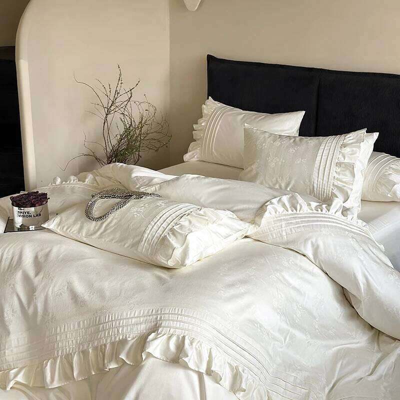 4Pcs Vintage Rose Jacquard Egyptian Cotton Ruffles Bedding Set Queen King Size Duvet Cover Bed Sheet/Fitted Sheet Pillowcases H260312