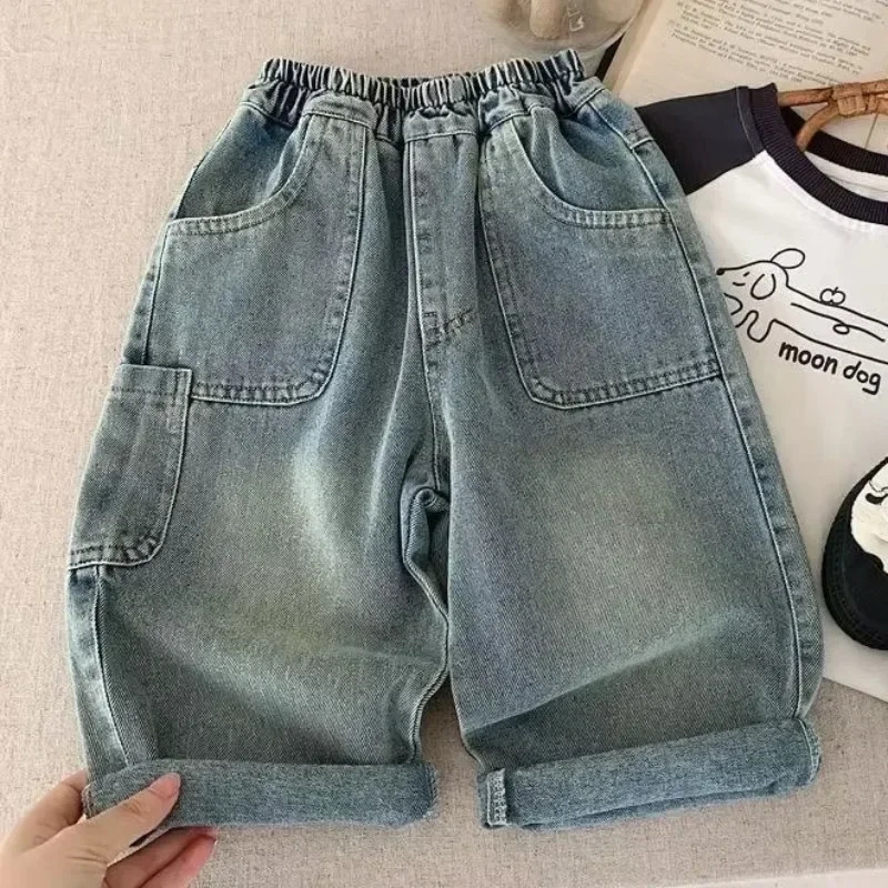 Childrens Denim Pants Spring Summer Girls Wideleg 27Year Boys Jeans Casual Big Pocket Trousers for Kids 260311