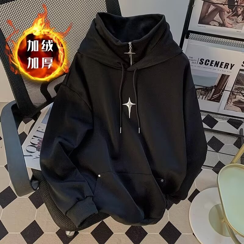 Stylish Designer Hoodie High-neck Solid Color Hooded Sweatshirt For Men And Women Trendy Loose-fitting Couple's Casual Shirt Retro Hooded Jacket