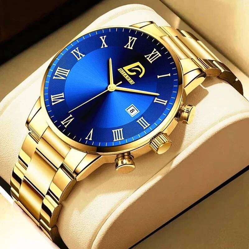 Fashion Mens Gold Stainless Steel Watches Luxury Minimalist Quartz Wrist Men Business Casual Calendar Watch Reloj Hombre