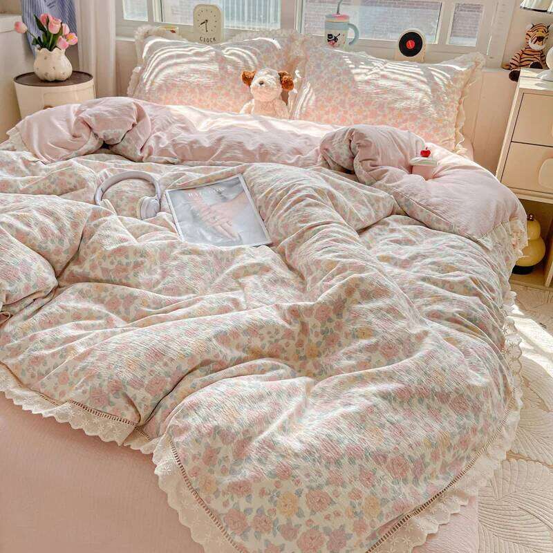 INS Princess Bedding 2025 New Soft Wrinkled Double-layer Flat Sheet Twin Queen Size Duvet Set Pillowcase Bed Linens H260312
