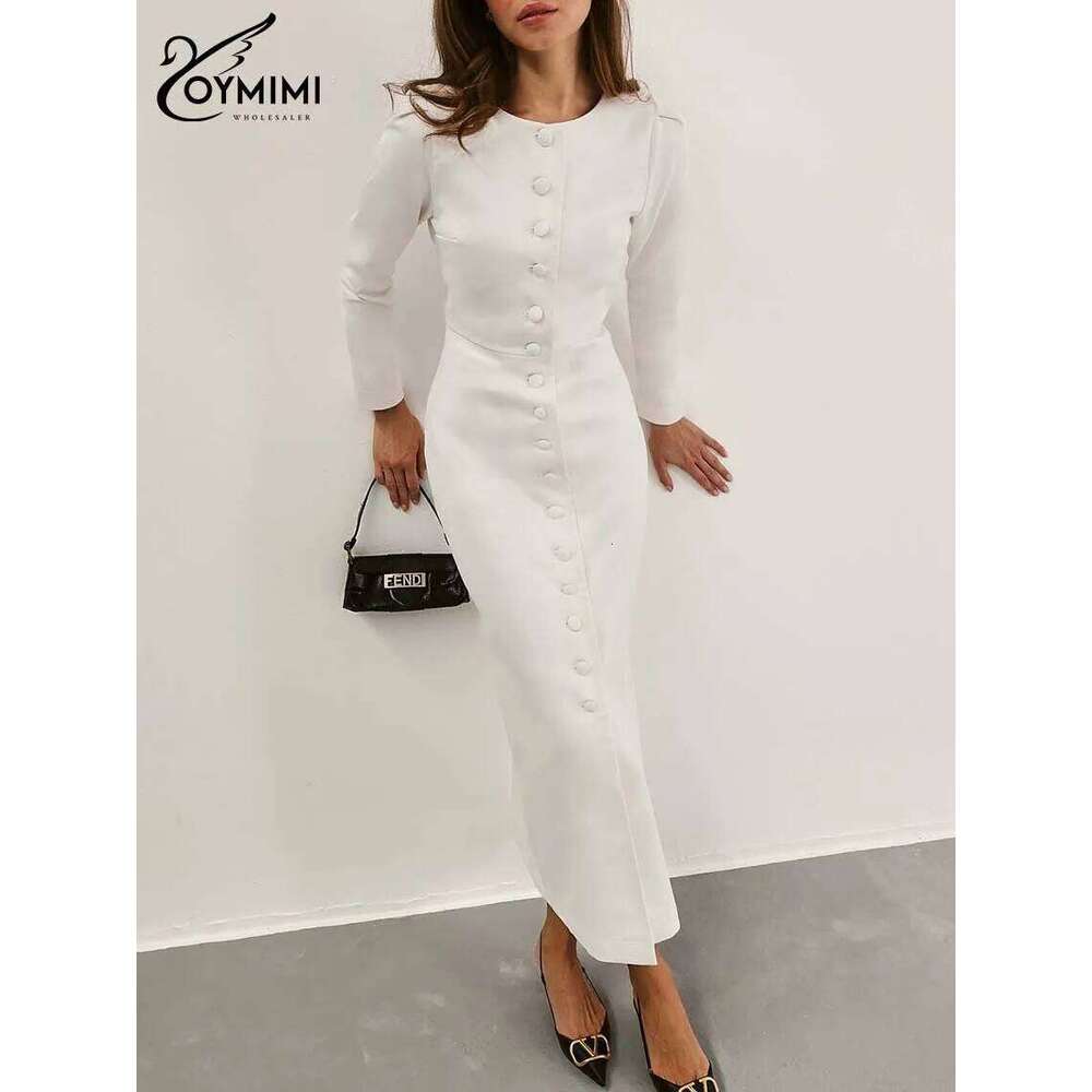 Oymimi Elegant White O-Neck Womens Fashion Wrist Sleeve Single Breasted Dresses Casual High Waisted Ankle-Length Dress C260312