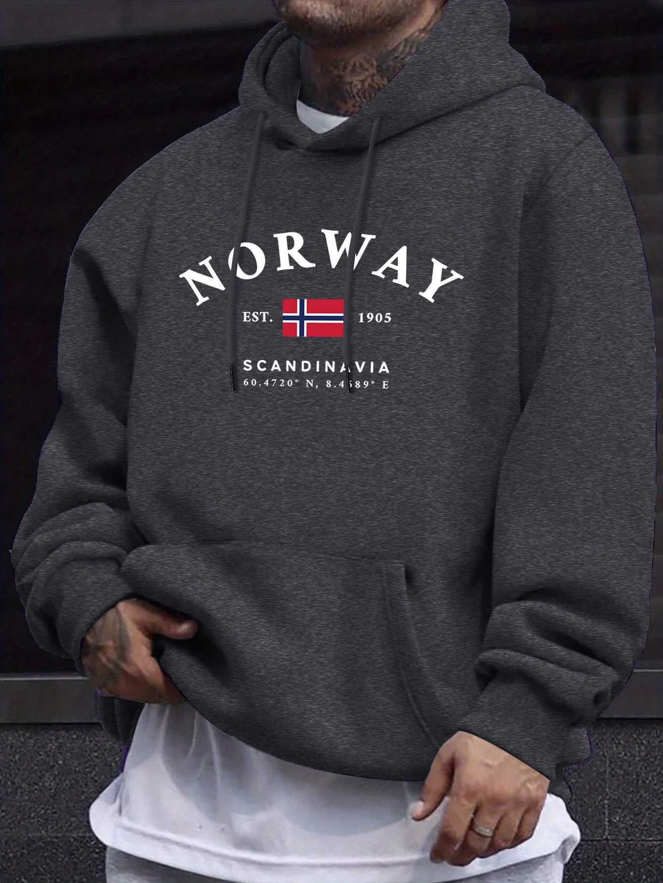 Norway Sandinavia Letter And Flag Print Men Comfy Hoodie Fleece AutumnClothes Casual Basics Tops Street Fashion Sweatshirt M260312