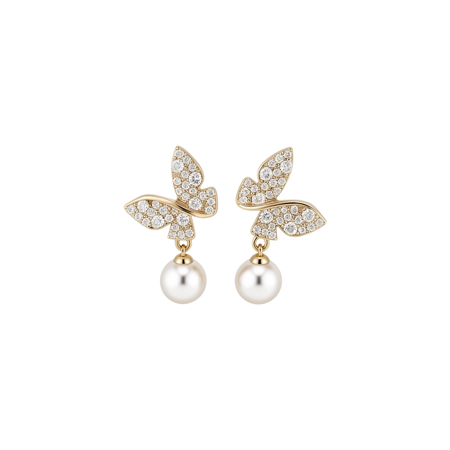 18k real gold plated silver needle zircon butterfly pearl vintage fashion temperament earrings, light luxury niche earrings