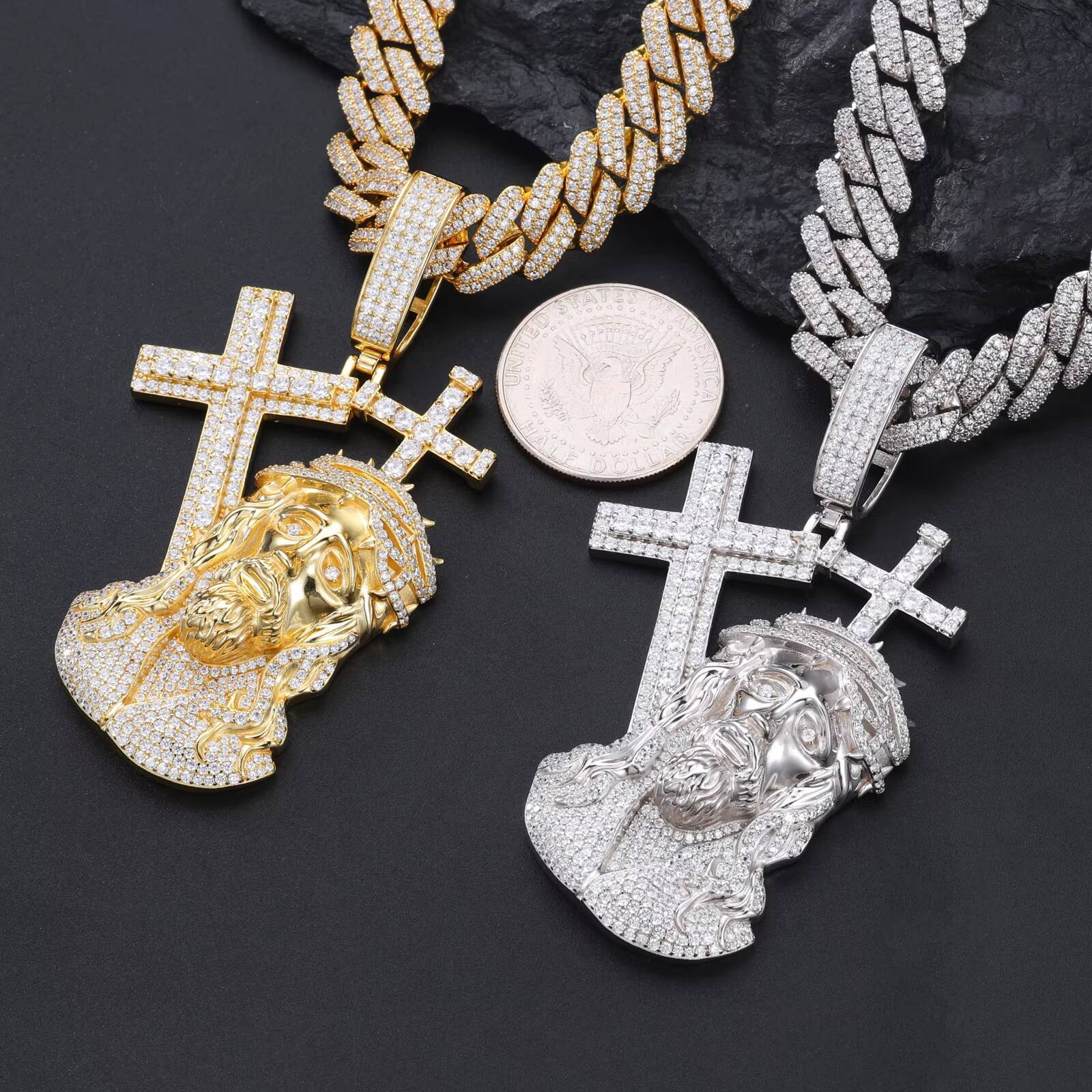 Religious Hip Hop Jewelry Men 925 Sterling Silver Vvs Moissanite Diamond Iced Out Jesus Head Pendant With Cross
