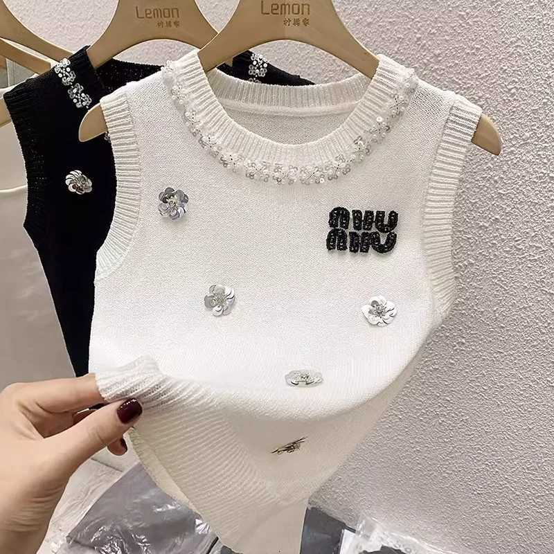 Floral Beading Slim Knit Vests Women Crop Tops 2025 Summer Sleeveless O-neck Knitwear Pullover Elegant Vintage Stylish VestsT260312