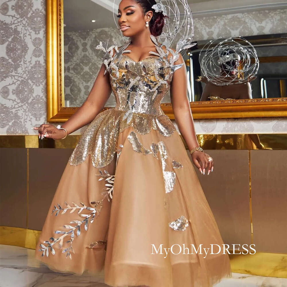 2024 Plus Size Gold Ball Gown Prom Dresses For Special Occasions Florals Tulle Evening Formal Party Second Reception Birthday Engagement Gowns Dress Z